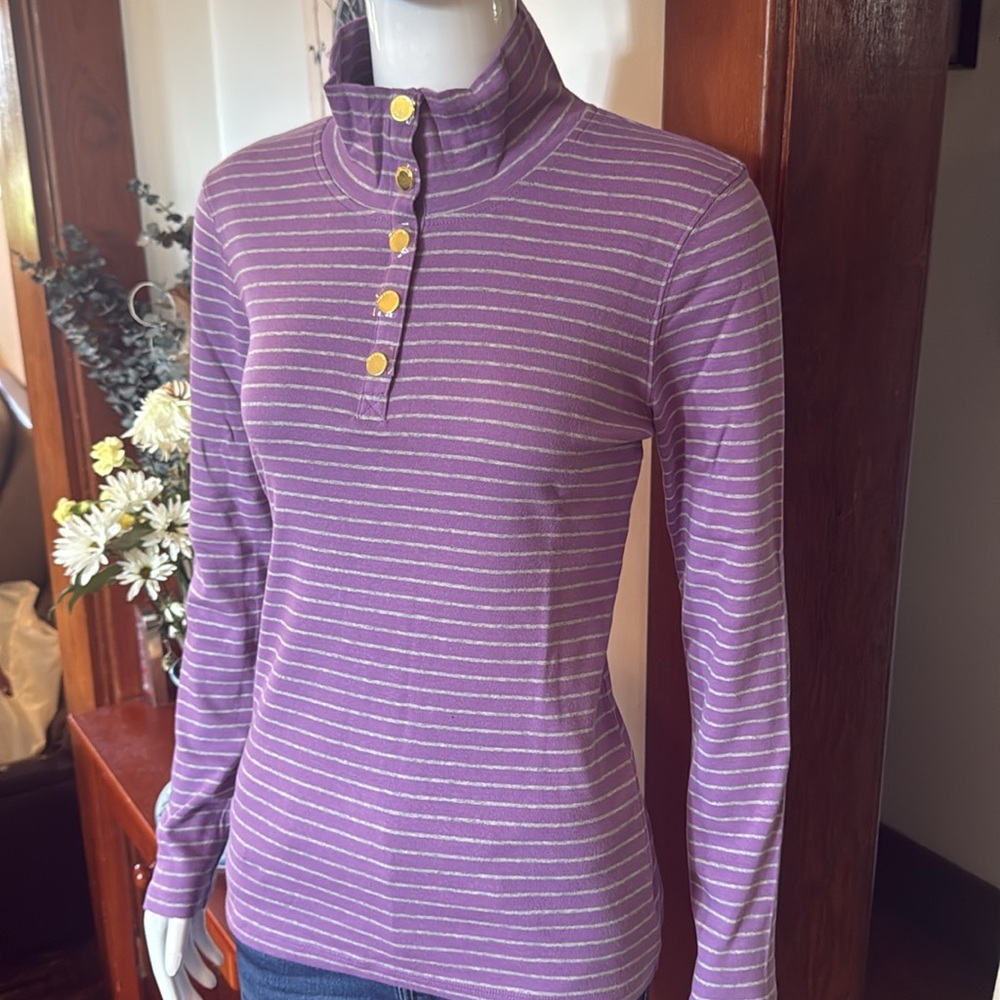 NWT jones Ny size small Striped Purple Button-Up Women's Top gold buttons